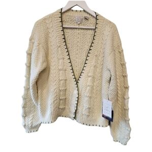 NWT River Trader Vintage Cardigan Sweater Large Ivory Moss Combo Bubble Knit